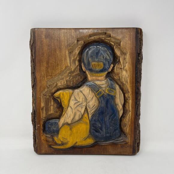 Kaisers Carvings Hand Carved Wall Art Boy Blue Overalls Dog Artist Lynn Kaiser - Picture 1 of 12
